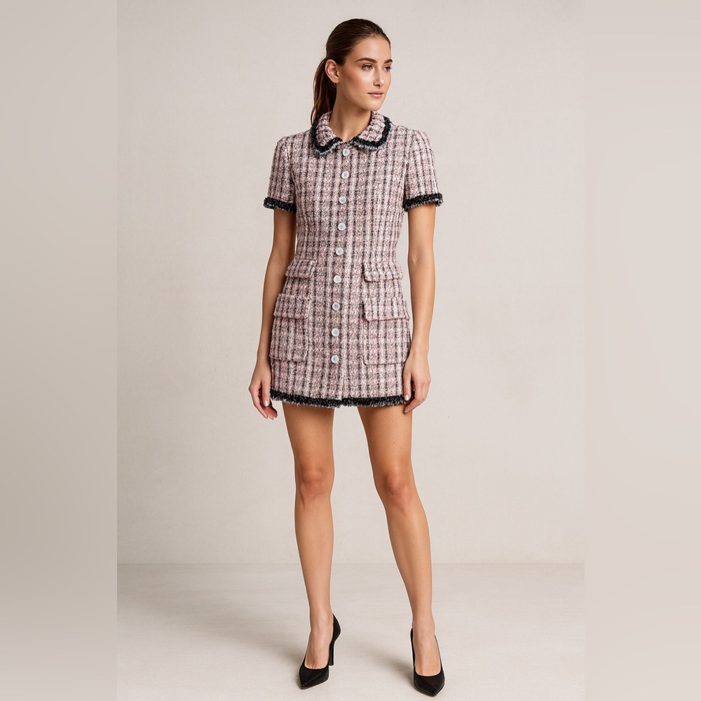women‎ Sz medium Enchanted Tweed mini Shirtdress quite luxury old money pockets